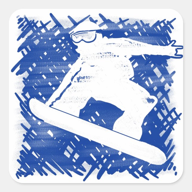Blue snowboarder cross hatch art square sticker (Front)