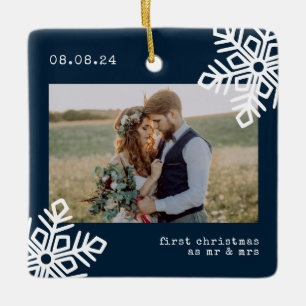 Blue Snowflake 1st Christmas as Mr & Mrs Photo Ceramic Ornament