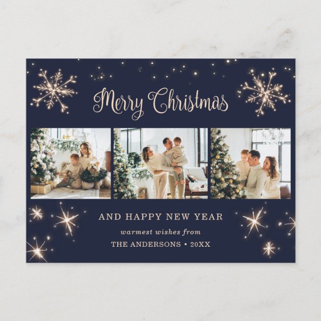 Blue Snowflake 3 Photo Merry Christmas Holiday Postcard (Front)