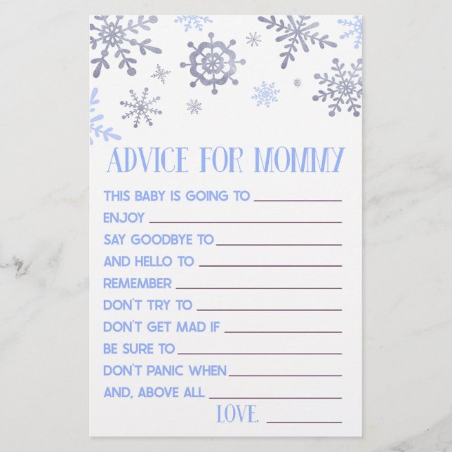 Blue Snowflake Advice Baby Shower Game Activity Stationery (Front)