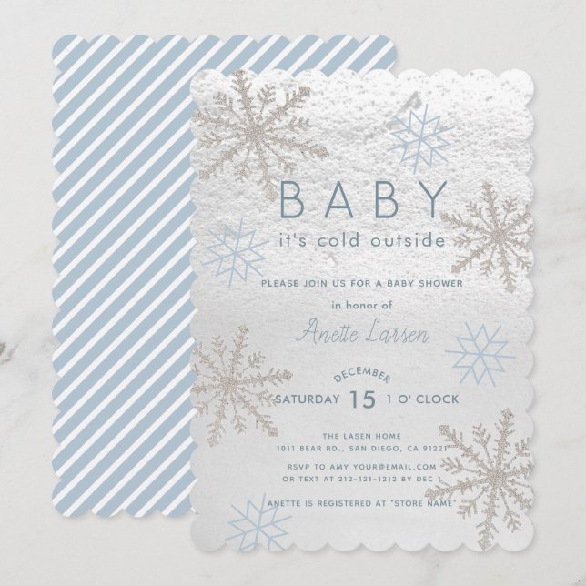 Blue Snowflake Baby Its Cold Outside Baby Shower Invitation (Front/Back)