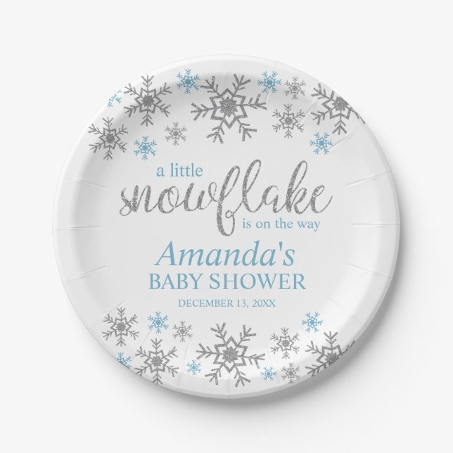 Blue Snowflake Baby Shower Paper Plates (Front)