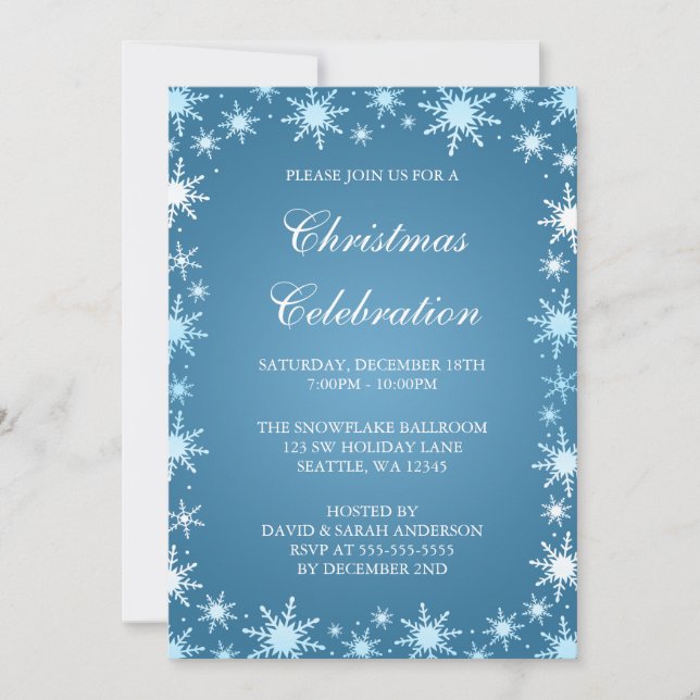 Blue Snowflake Border Christmas Party Invitations (Front)