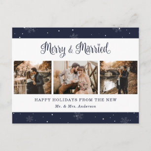 Blue Snowflake Botanical Newlywed Photo Holiday Postcard