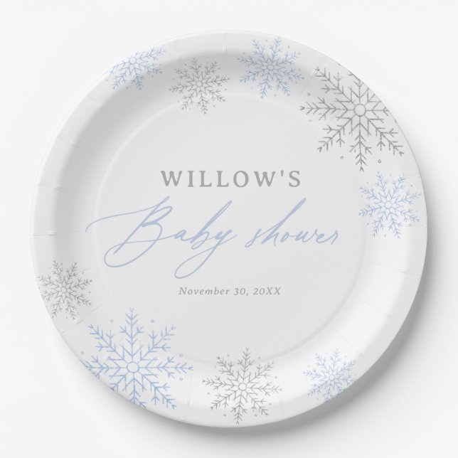 Blue Snowflake Boy Baby Shower Paper Plate (Front)