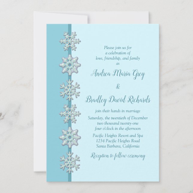 Blue Snowflake Button Winter Wedding Invitation (Front)