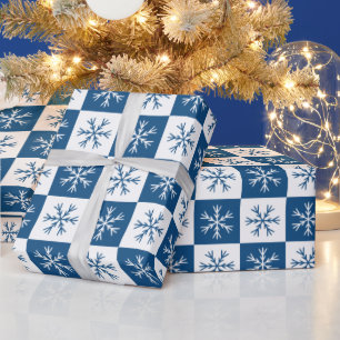 Blue Snowflake Checkered Pattern Christmas Holiday Wrapping Paper