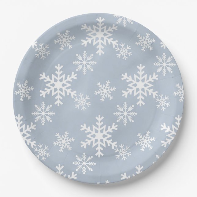 blue snowflake christmas baby shower birthday part paper plate (Front)