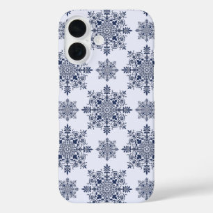 Blue Snowflake Damask Pattern iPhone 16 Case