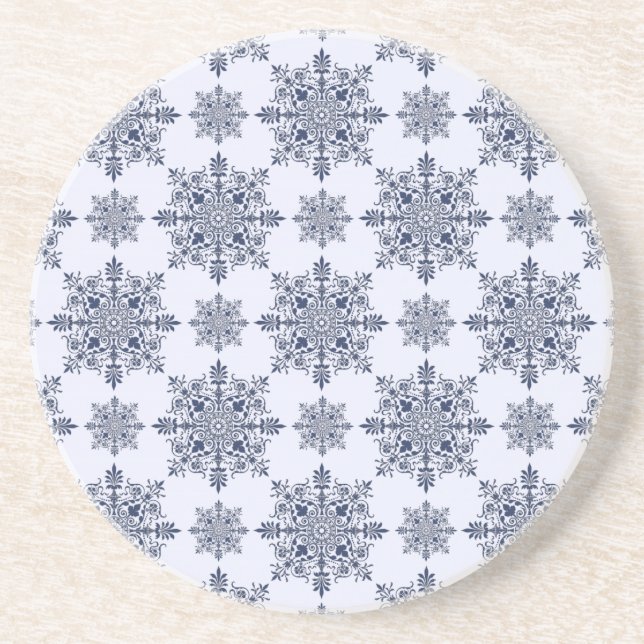Blue Snowflake Damask Pattern Coaster (Front)