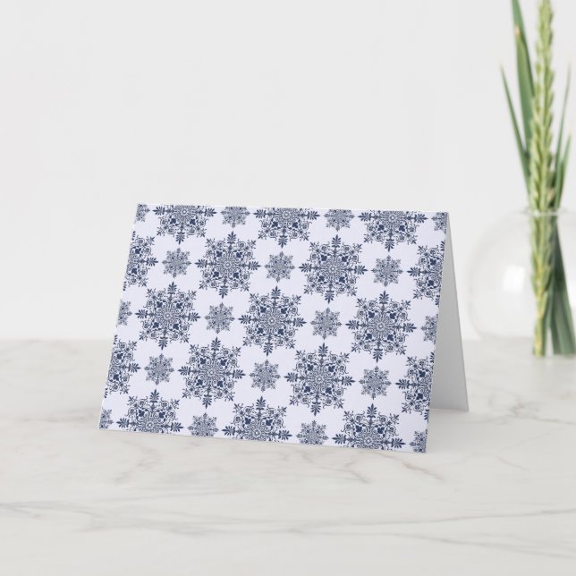 Blue Snowflake Damask Pattern Holiday Card (Front)