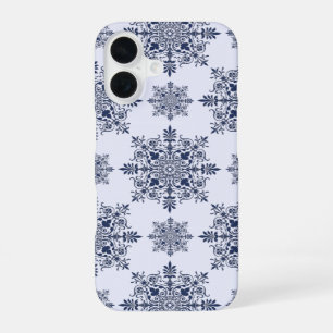 Blue Snowflake Damask Pattern iPhone 16 Case