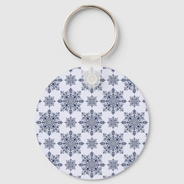 Blue Snowflake Damask Pattern Key Ring (Front)