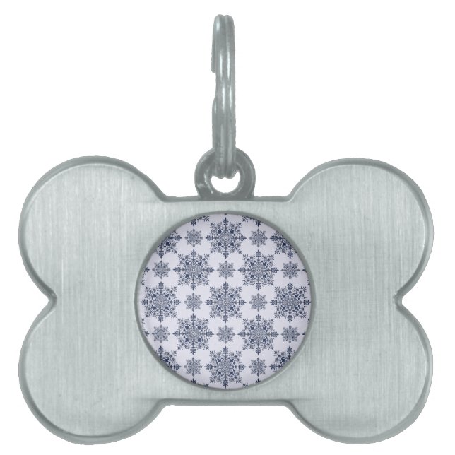 Blue Snowflake Damask Pattern Pet ID Tag (Front)