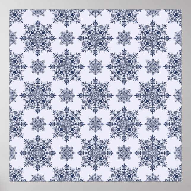 Blue Snowflake Damask Pattern Poster (Front)