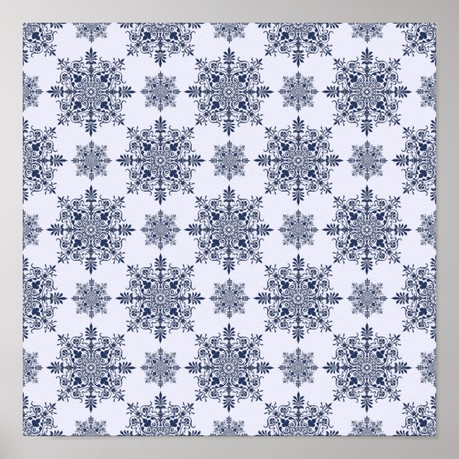 Blue Snowflake Damask Pattern Poster (Front)