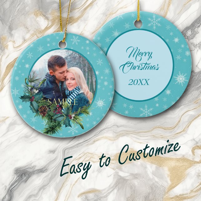 Blue Snowflake Evergreen Frame Photo Ceramic Tree Decoration (Creator Uploaded)
