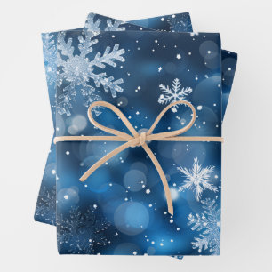 Blue Snowflake Flat Wrapping Paper Set of 3