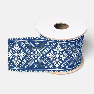 Blue Snowflake & Floral Fair Isle Christmas Grosgrain Ribbon