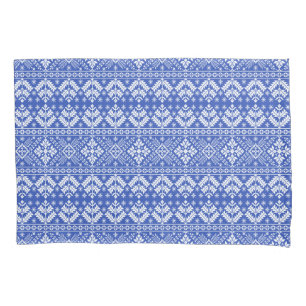 Blue Snowflake & Floral Fair Isle Christmas Pillowcase