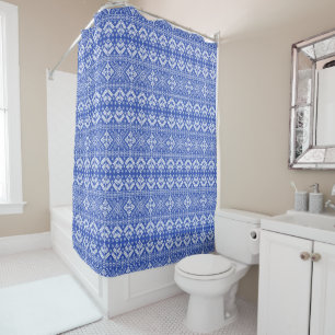 Blue Snowflake & Floral Fair Isle Christmas Shower Curtain
