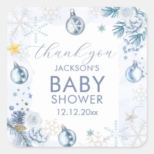Blue Snowflake Flower Winter Baby Shower  Square Sticker