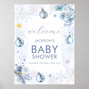 Blue Snowflake Flower Winter Baby Shower Welcome Poster