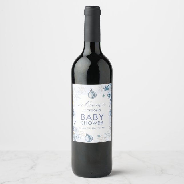 Blue Snowflake Flower Winter Baby Shower Welcome Wine Label (Front)