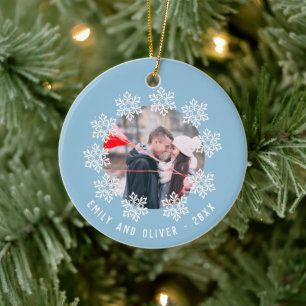 Blue Snowflake Frame Couple Keepsake Photo Ceramic Tree Decoration