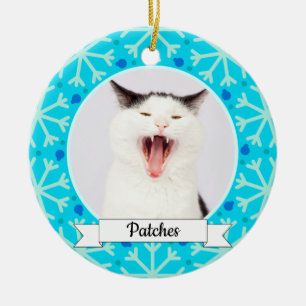 Blue Snowflake Frame Customisable Kitty Ceramic Tree Decoration