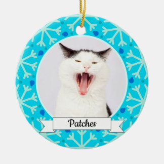 Blue Snowflake Frame Customisable Kitty Ceramic Tree Decoration