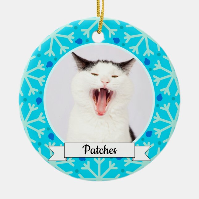 Blue Snowflake Frame Customisable Kitty Ceramic Tree Decoration (Front)