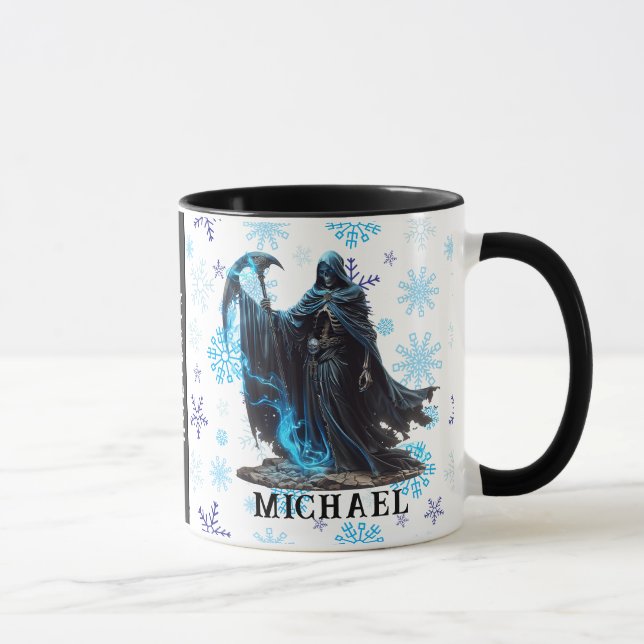 Blue Snowflake Grim Reaper Funny Horror Christmas Mug (Right)
