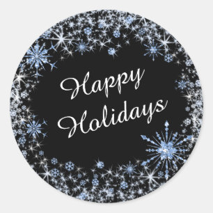 Blue Snowflake Happy Holidays Classic Round Sticker