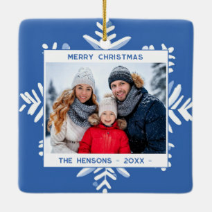 Blue Snowflake Merry Christmas Family Photo Ceramic Ornament