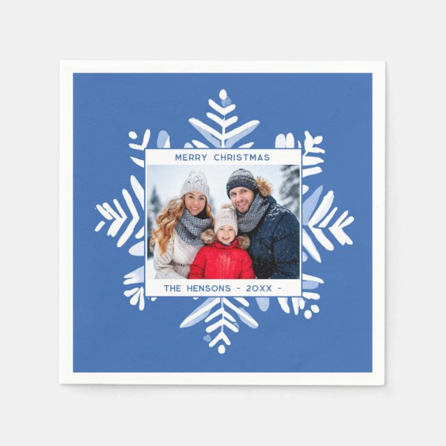 Blue Snowflake Merry Christmas Family Photo Holida Napkin (Front)