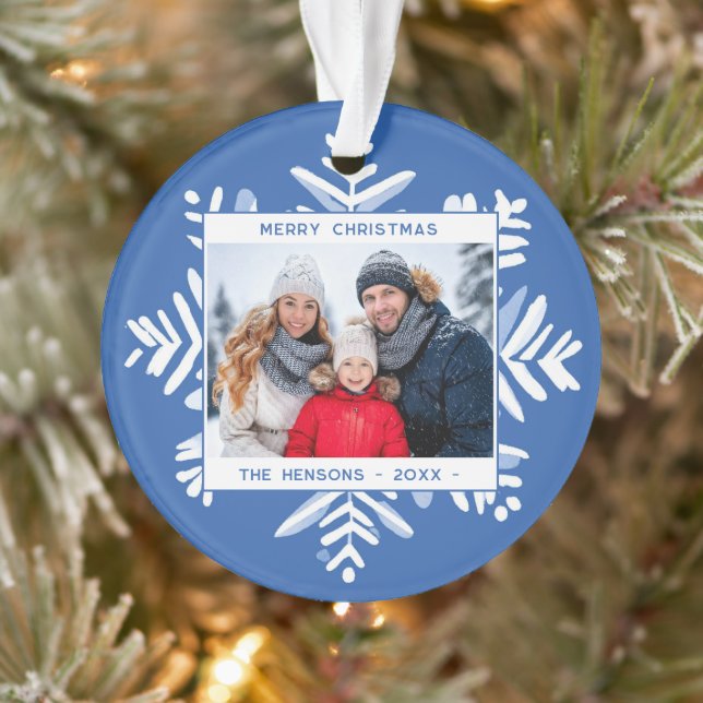 Blue Snowflake Merry Christmas Family Photo Ornament (Tree)