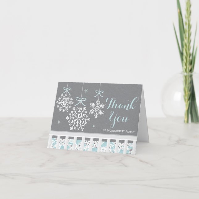 Blue Snowflake Mobile Baby Shower Thank You Card (Front)