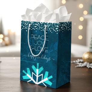 Blue Snowflake Modern Peace Joy Love Typography Medium Gift Bag