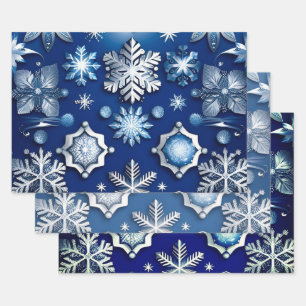 Blue Snowflake Motif Collection Wrapping Paper Sheet