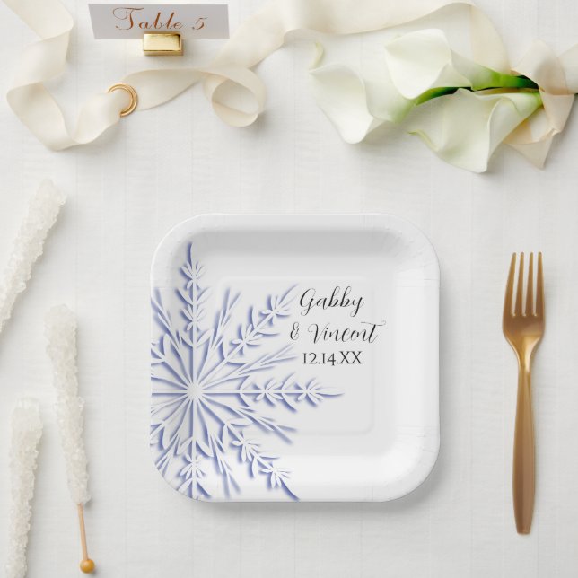 Blue Snowflake on White Winter Wedding Paper Plate (Wedding)