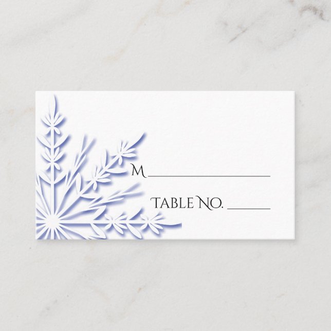 Blue Snowflake on White Winter Wedding Place Card (Front)