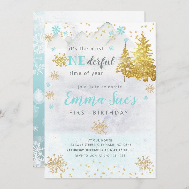 Blue Snowflake ONEderful Time of Year Birthday  Invitation (Front/Back)