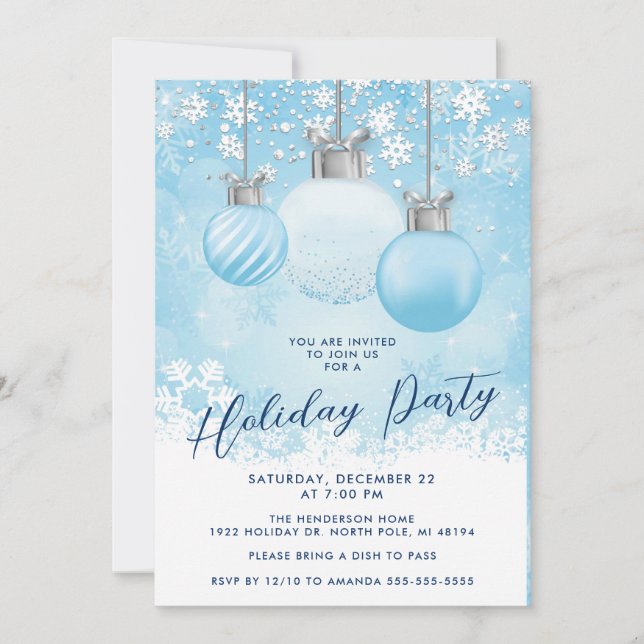 Blue Snowflake Ornament Christmas Party Invitation (Front)