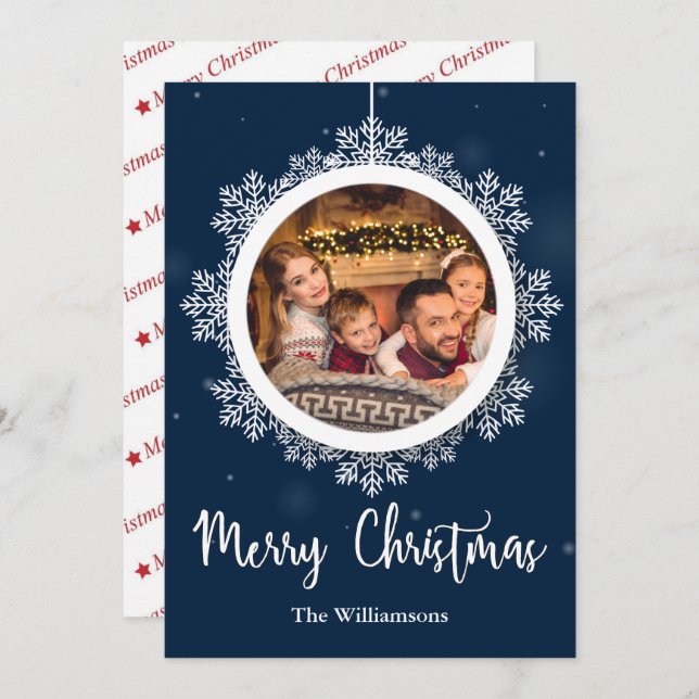 Blue Snowflake Ornament Christmas Photo Holiday Card (Front/Back)
