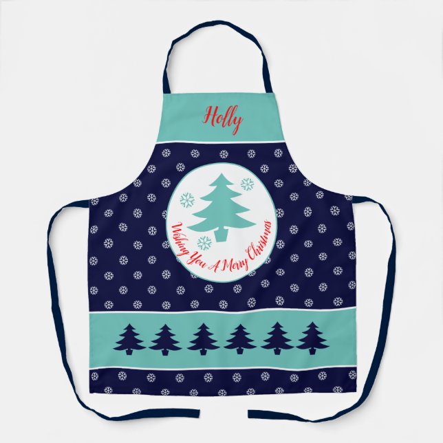 Blue Snowflake Pattern All-Over Print Apron (Front)