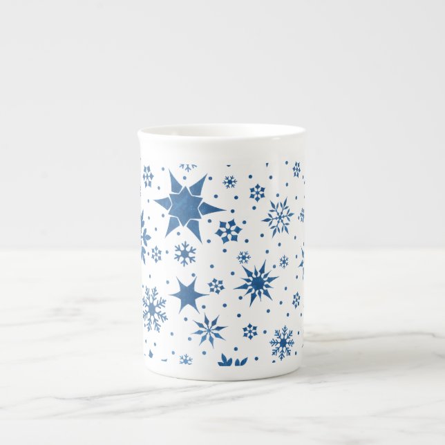 Blue Snowflake Pattern Bone China Mug (Front)