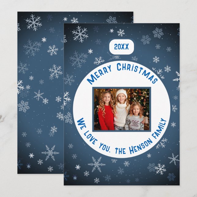 Blue Snowflake Pattern Christmas Photo  Holiday Card (Front/Back)