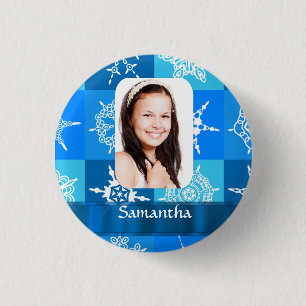 Blue snowflake pattern photo template 3 cm round badge