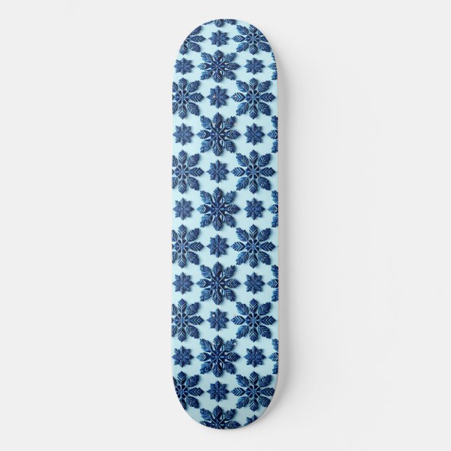 Blue Snowflake Patterned Background Skateboard (Front)